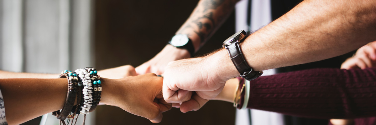 Underarmar och knytnävar från kvinnor och män möts i mitten av bilden och symboliserar Pivogos möjlighet att stärka team och vara ett ledningsstöd